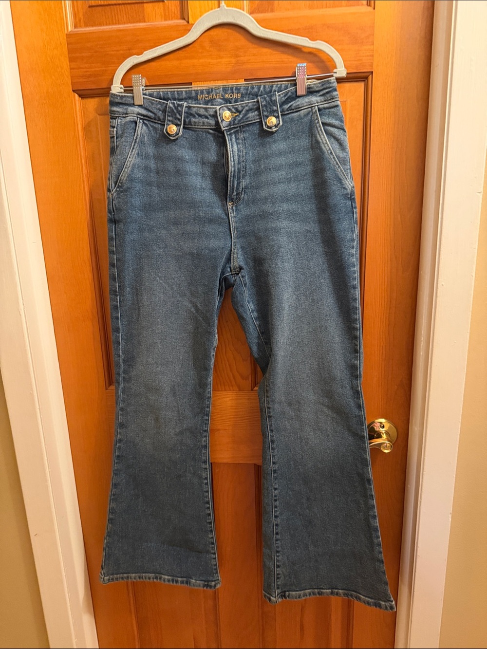 Michael Kors Dark Blue Flare Jeans with Gold-Tone Buttons